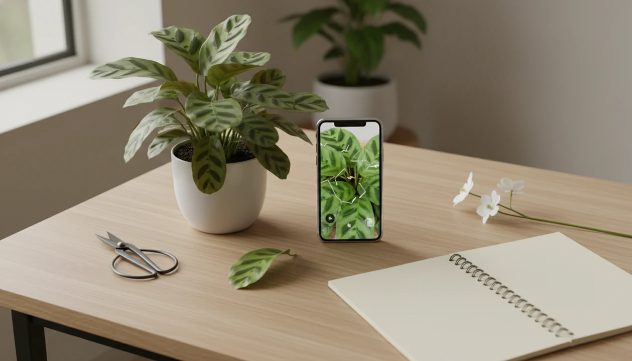 A smartphone beside a potted plant, loose leaf, flower stem, and care tools on a bright table.