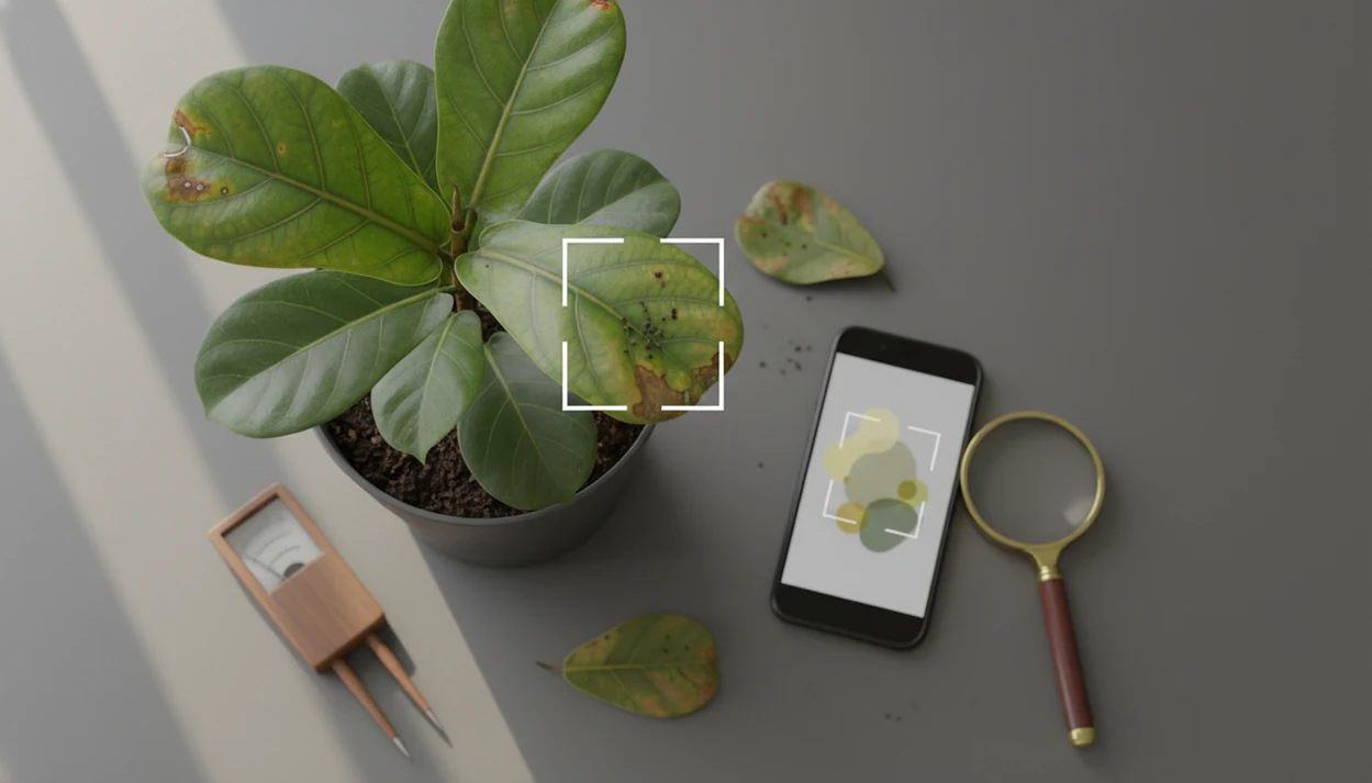 A phone scans spotted yellow leaves beside a moisture meter and magnifying glass for plant health checks.