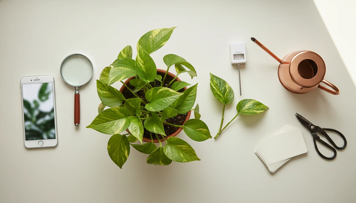 A plant-care flat lay compares quick phone identification with tools for ongoing houseplant care.
