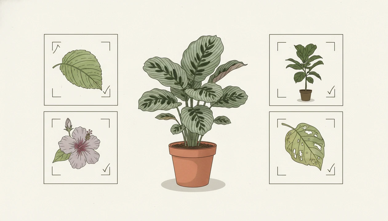An illustrated guide shows a potted plant with close-up views of leaves, flowers, and damage for better scans.
