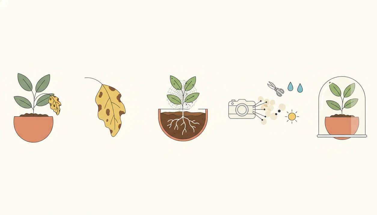 Illustrated workflow showing photos of the plant, leaf, soil, and care steps for diagnosis.