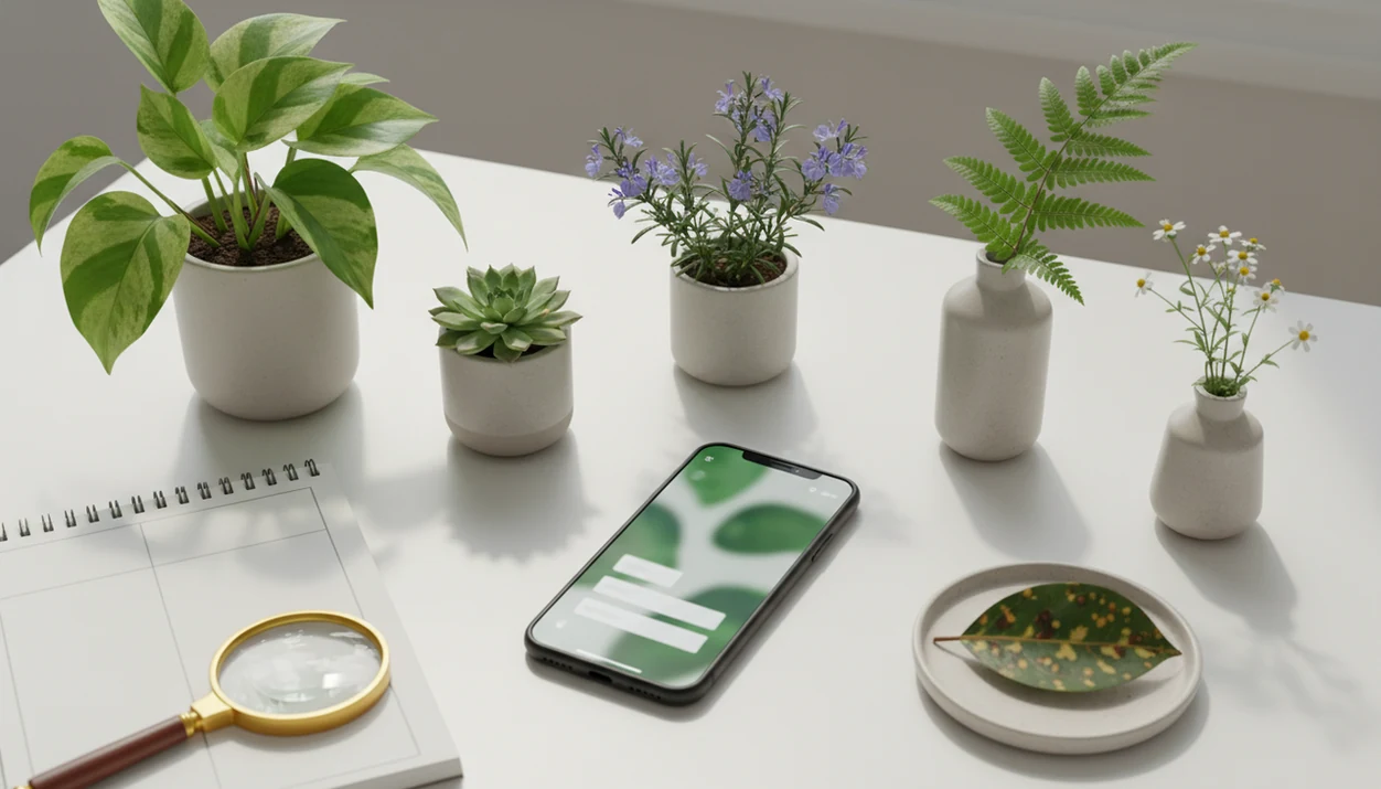 A phone sits among varied plant samples, a blank notebook, and a magnifying glass for comparing plant ID apps.