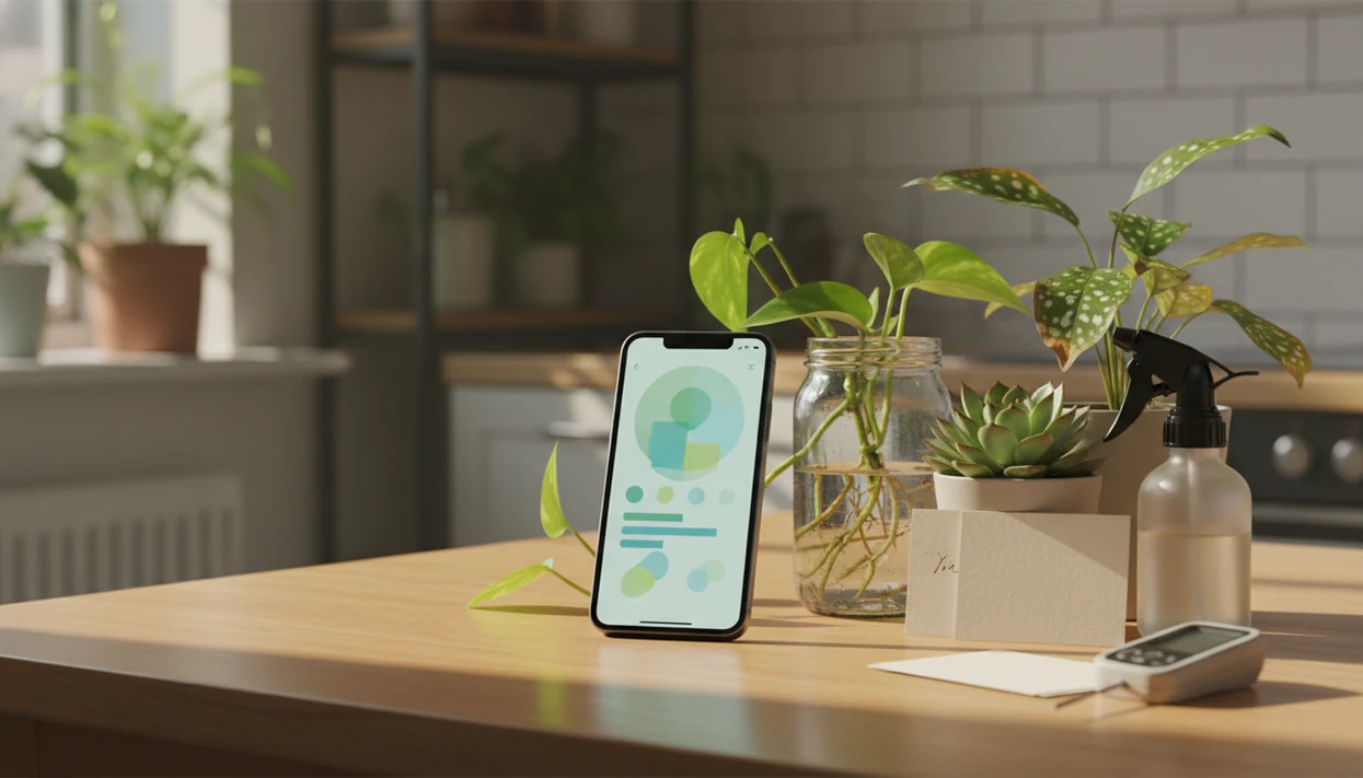 A phone scans several houseplants on a wooden table with care tools nearby in soft window light.