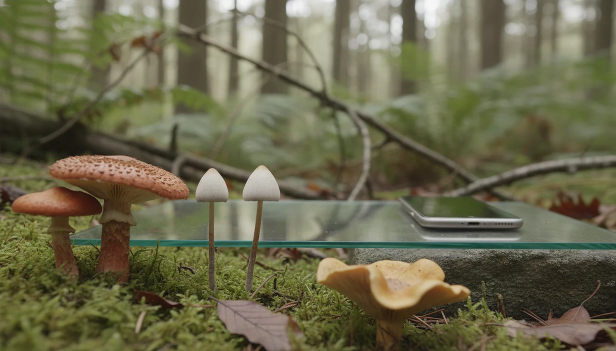 Wild mushrooms on a forest floor are separated from a phone by glass, suggesting app results are not safety clearance.