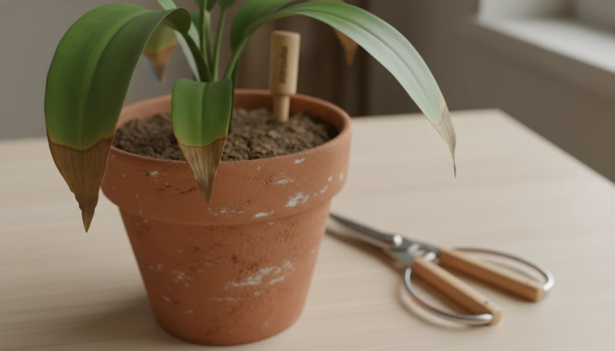 A close-up houseplant leaf with brown tips beside soil, mineral crust, and care tools.