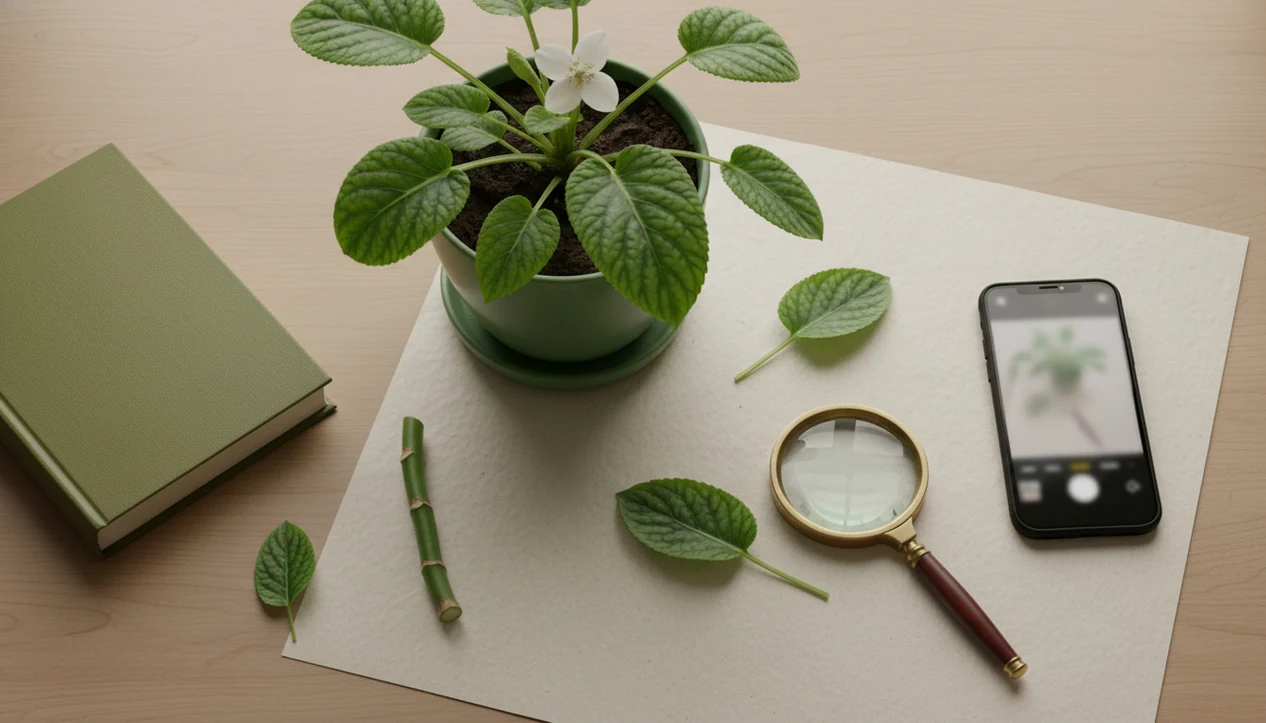 A plant, phone, magnifying glass, and reference book arranged for checking a plant identification result.