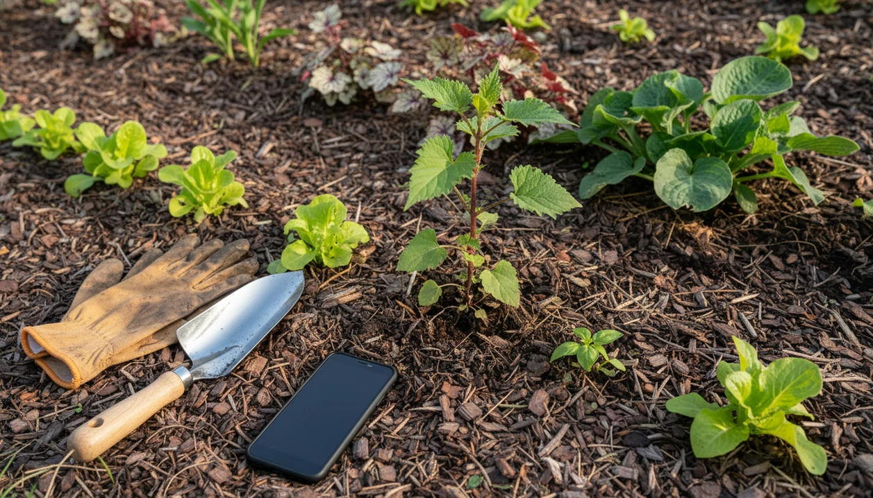 An unidentified plant remains in a garden bed beside gloves, a trowel, and a phone before pulling.