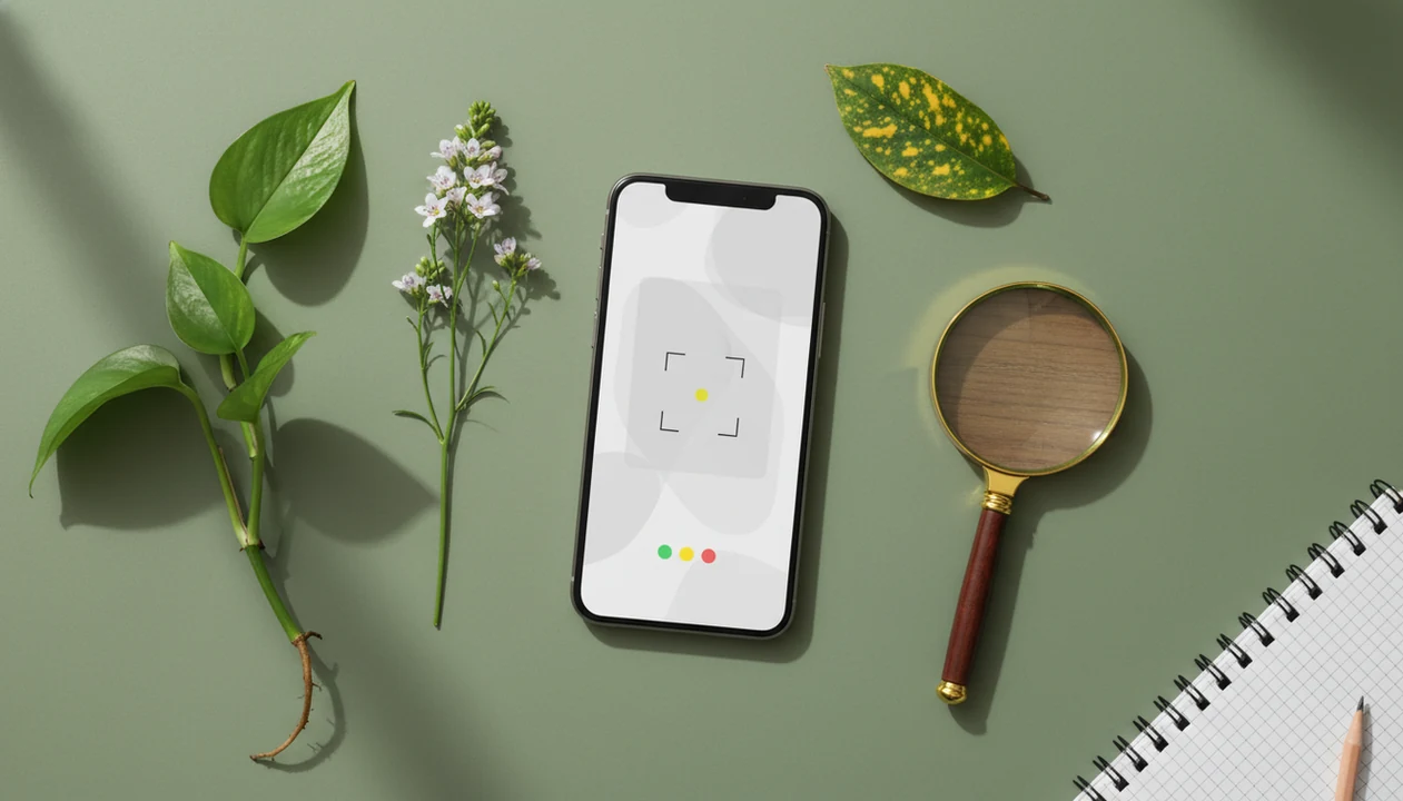 A phone scans several plant samples, suggesting free plant identification with limits and verification.