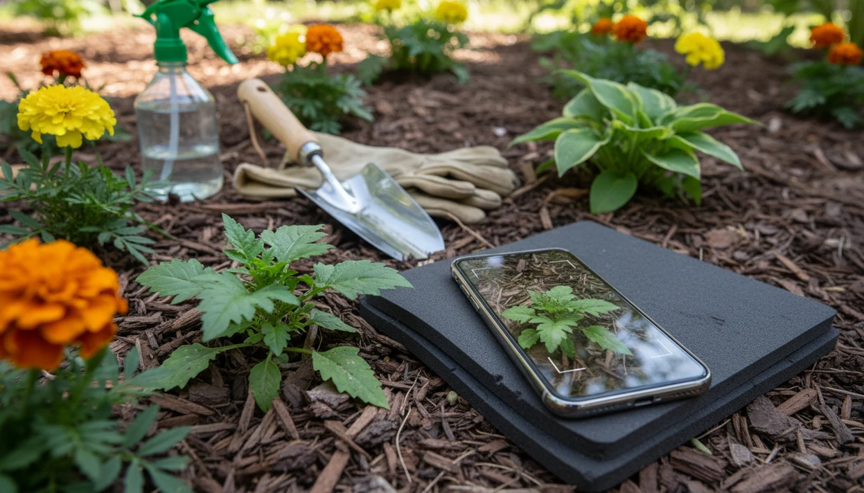 A phone identifies an unknown weed in a backyard garden before tools or spray are used.