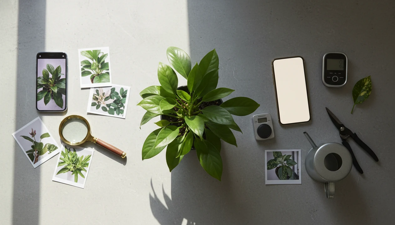A potted plant is shown between quick visual search tools and plant care tools on a tabletop.