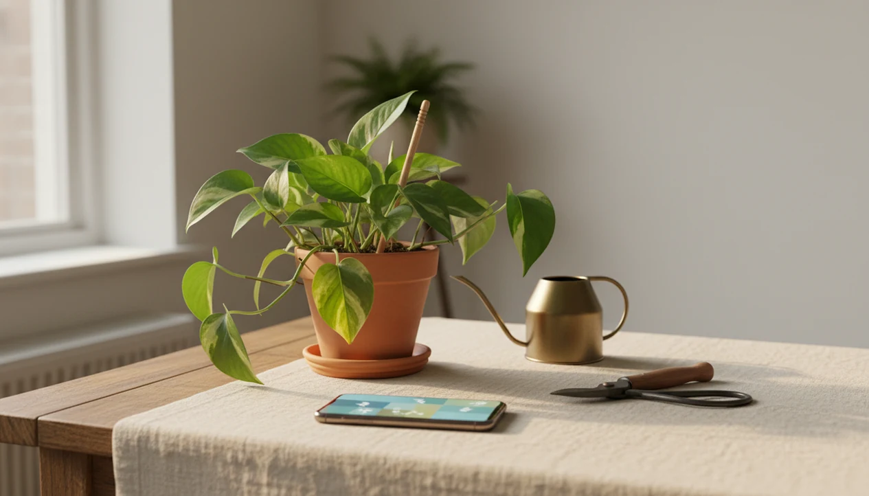 A beginner plant care setup with a pothos, watering tools, and a phone for simple plant guidance.
