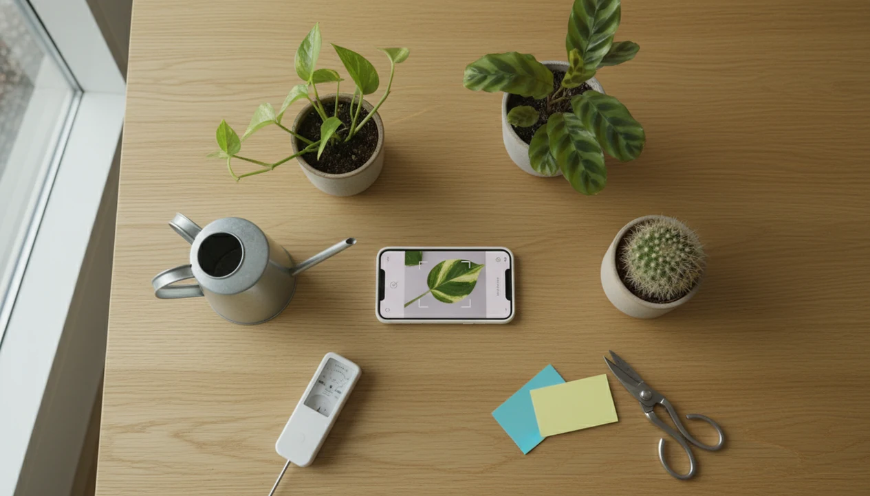 A phone scans a houseplant on a tabletop with potted plants, care tools, and blank reminder cards nearby.