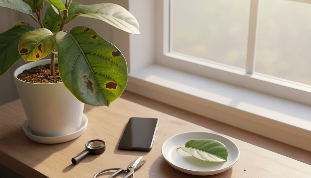 A phone and diagnostic tools sit beside a spotted houseplant prepared for careful disease photo triage.