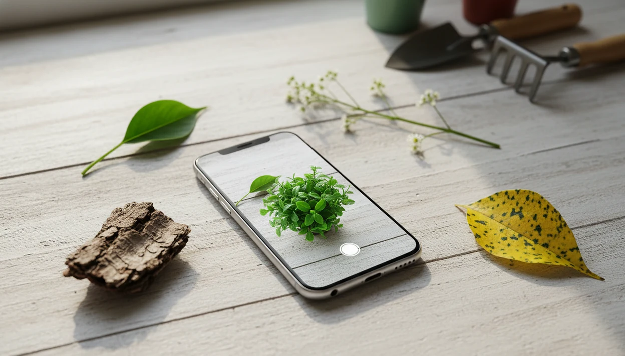 A phone photographs a potted plant beside leaf, flower, bark, and symptom samples for identification.