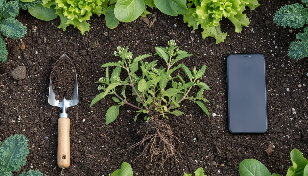 A pulled garden weed is laid out with roots, leaves, and buds visible beside a phone and trowel.