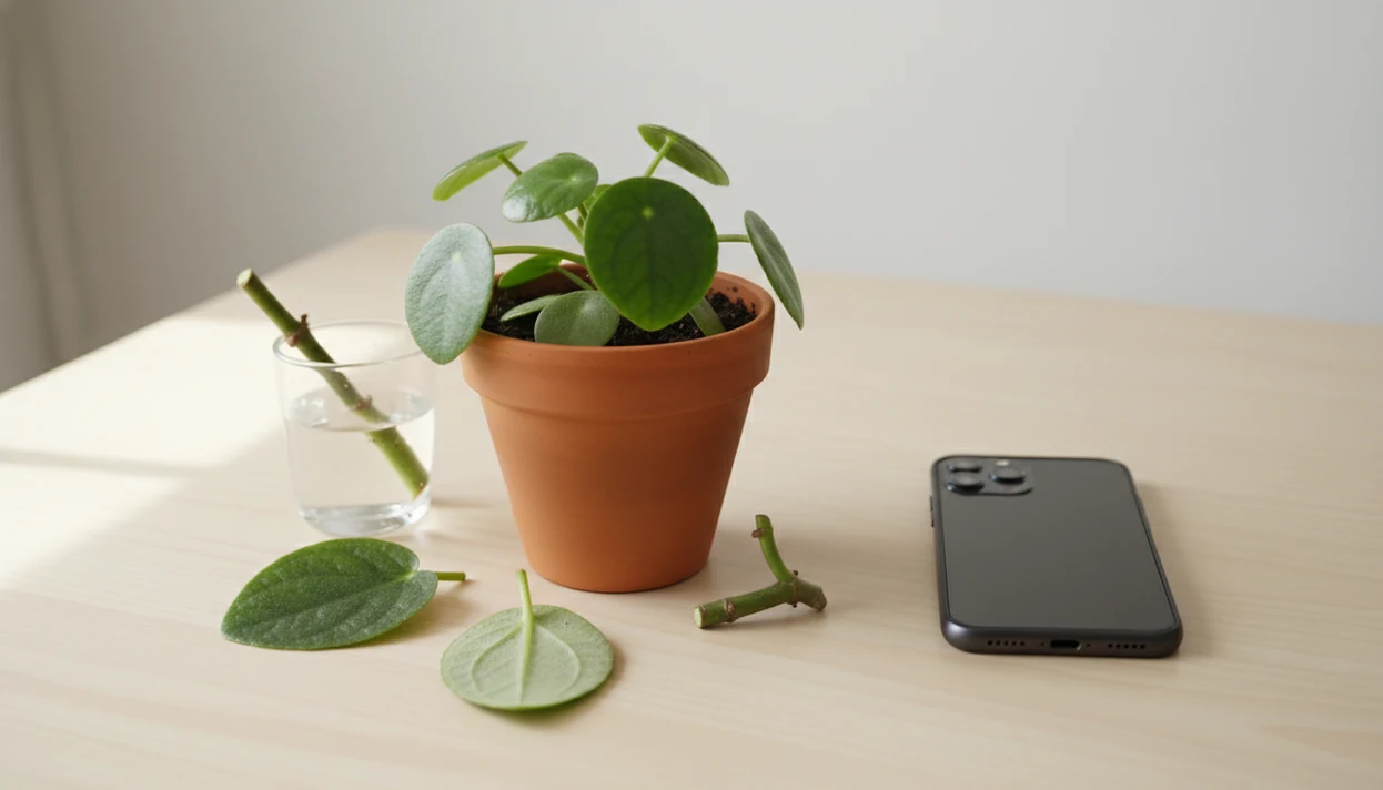 An unlabeled potted houseplant is arranged with leaves and stems for photo-based identification.