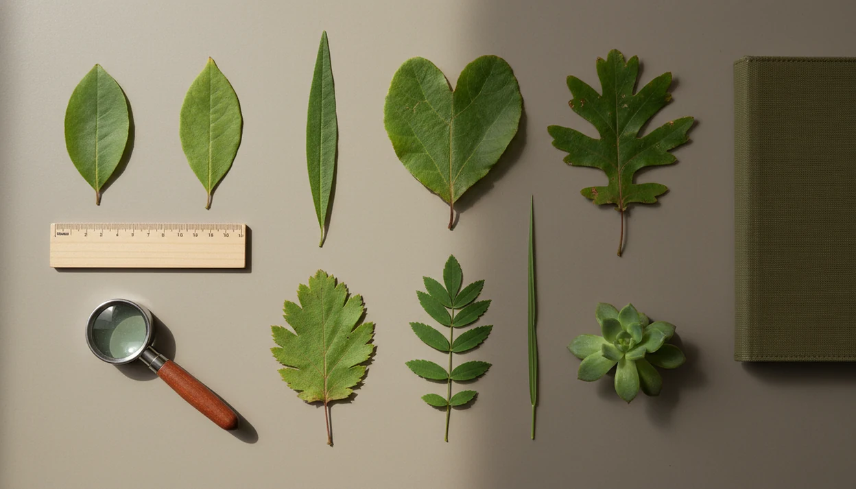 A flat lay of varied leaves, a hand lens, and notebook arranged for leaf-based plant identification.