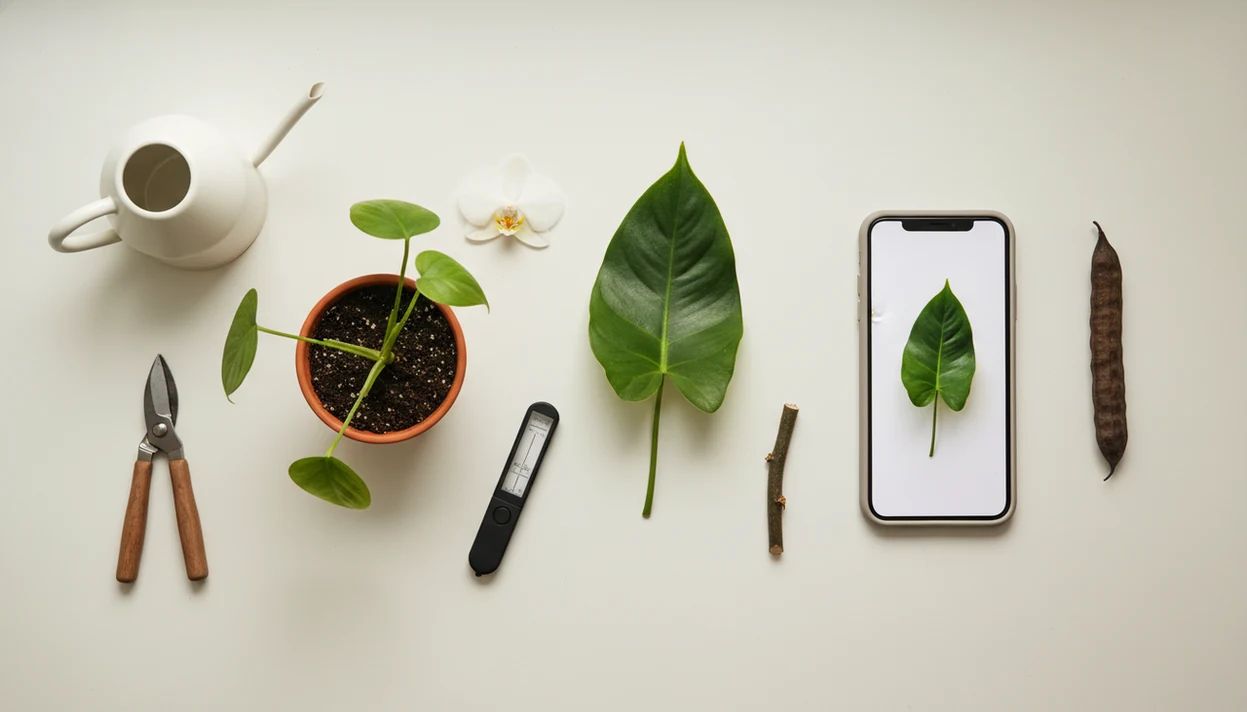 A smartphone photographs arranged plant leaves, flower, and stem on a clean tabletop for identification.