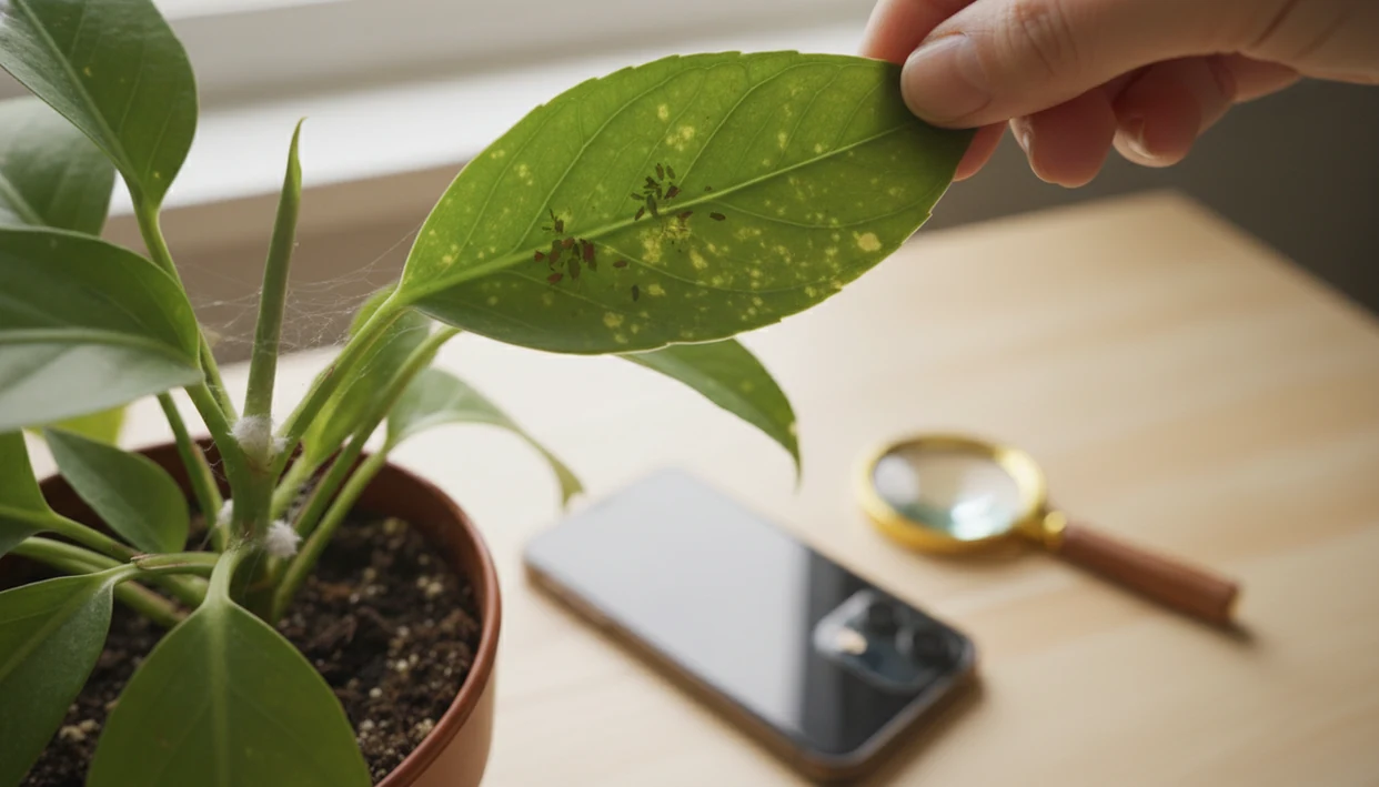 A close-up plant inspection shows tiny pests, webbing, and leaf damage beside a phone and magnifier.