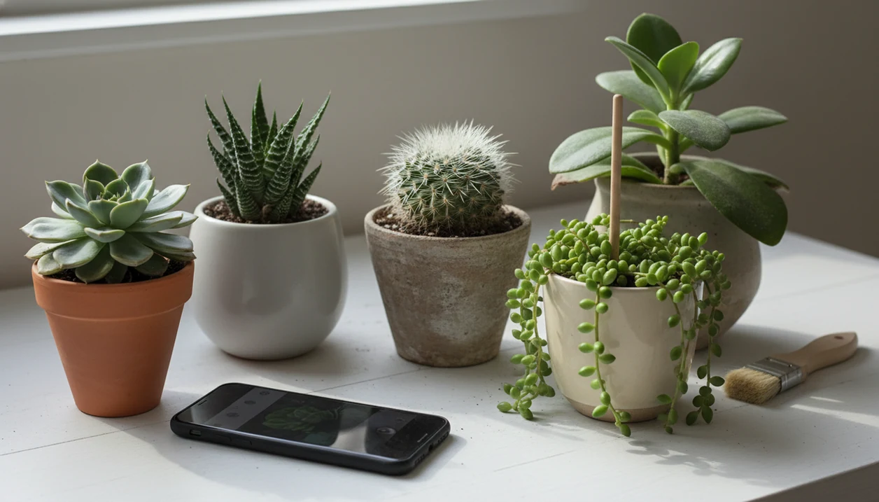 Several different succulents are arranged beside a phone and moisture probe for photo identification.