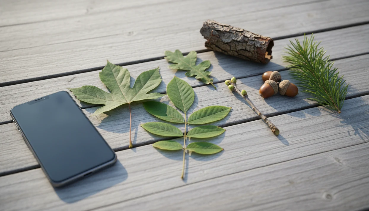 A phone beside leaves, twigs, bark, buds, and acorns arranged for tree identification.