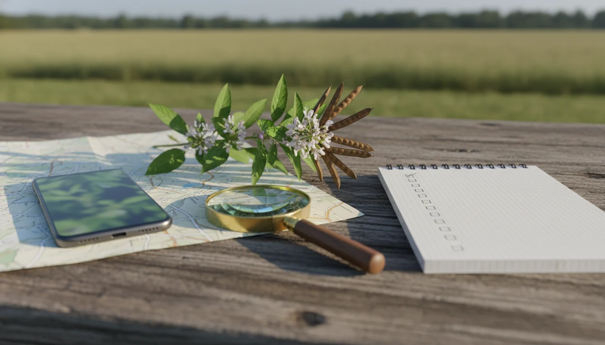 A plant sample, phone, magnifier, map, and notebook arranged for careful invasive plant verification.