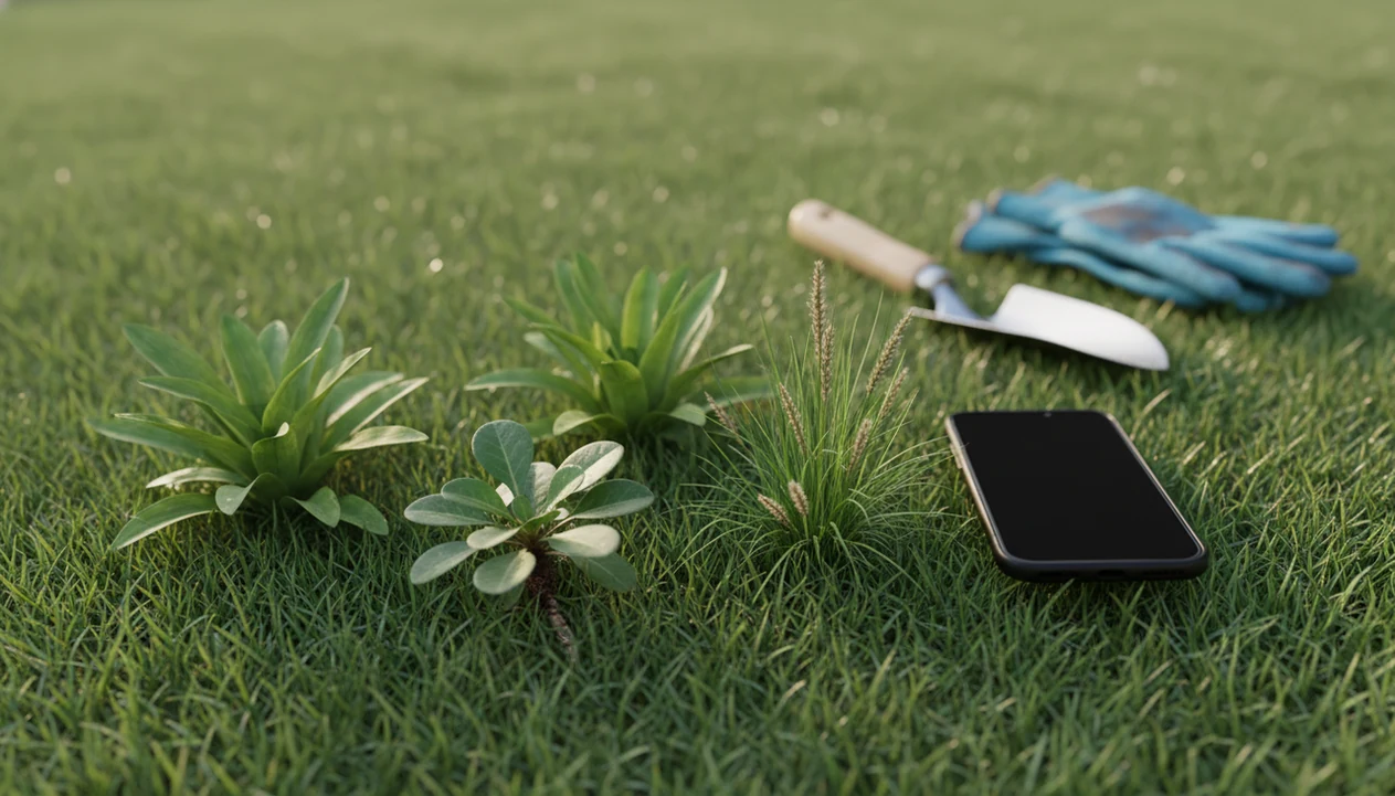 A smartphone beside several different lawn weeds growing in turf before removal or treatment.