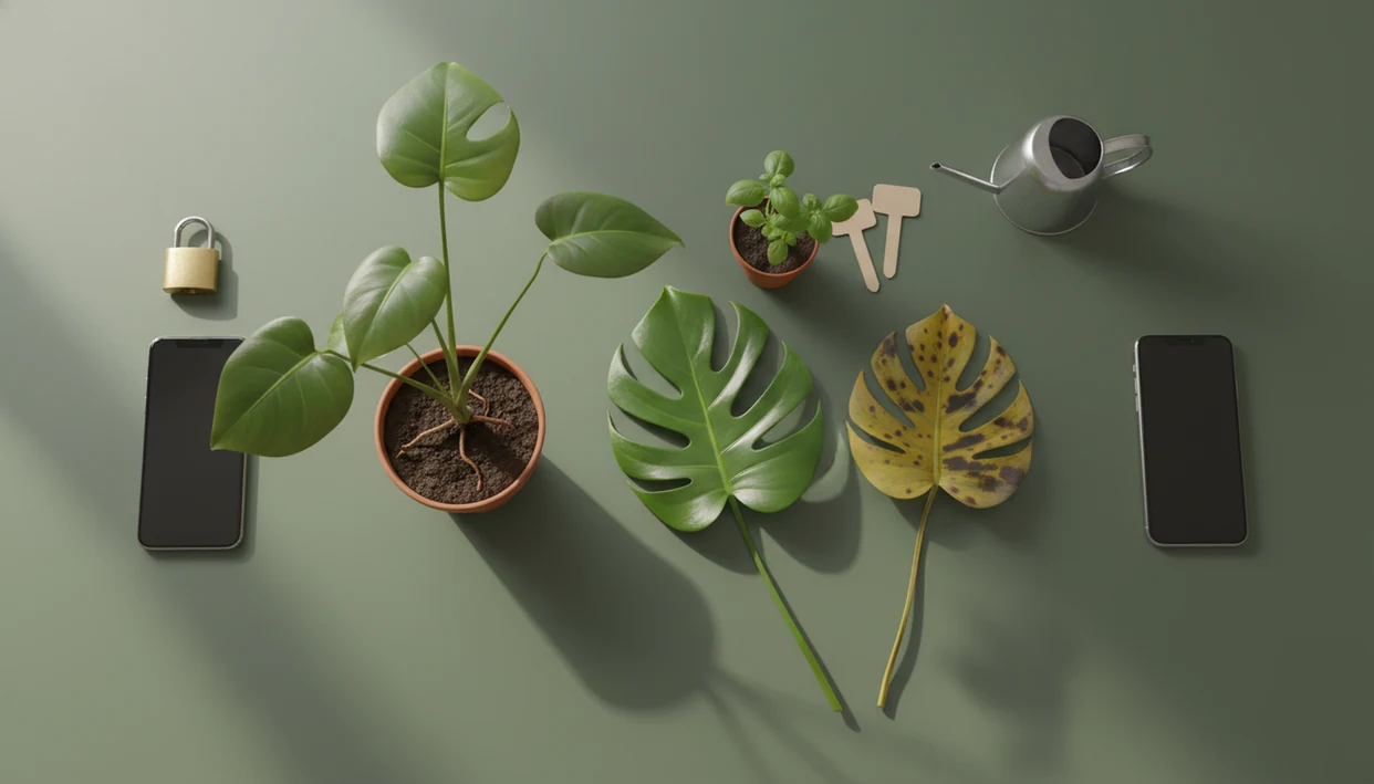 A plant care comparison still life with houseplants, spotted leaves, phones, watering can, and a small padlock.