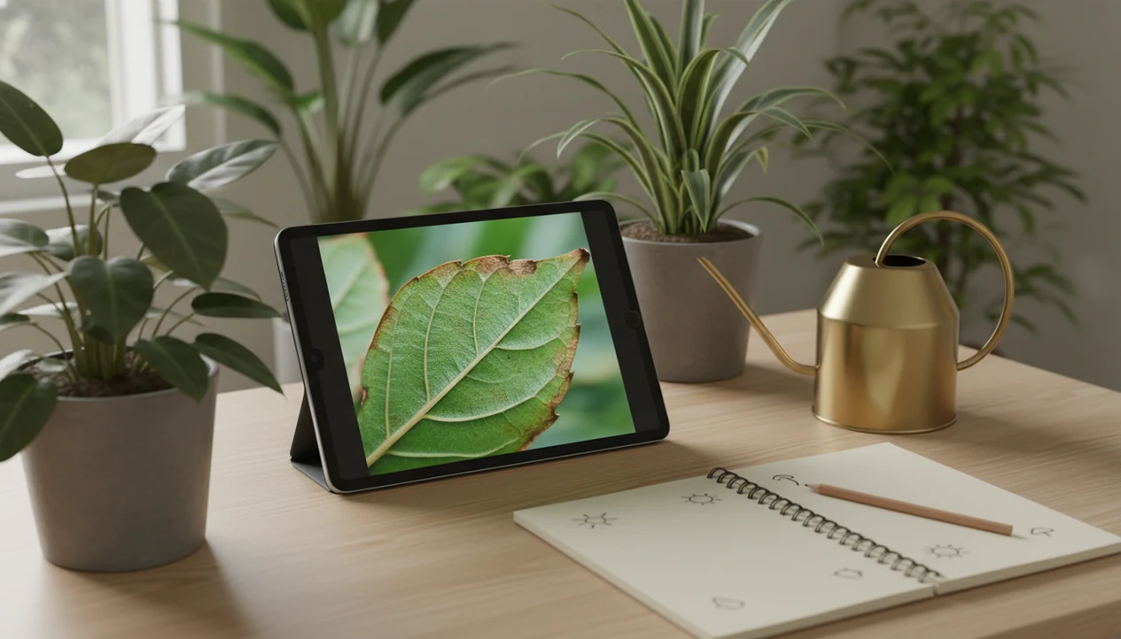 An iPad on a potting table shows a close-up leaf photo beside houseplants and care tools.