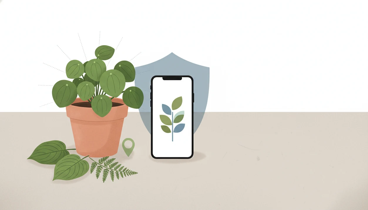 A potted plant and phone are protected by a translucent shield with softened location symbols nearby.