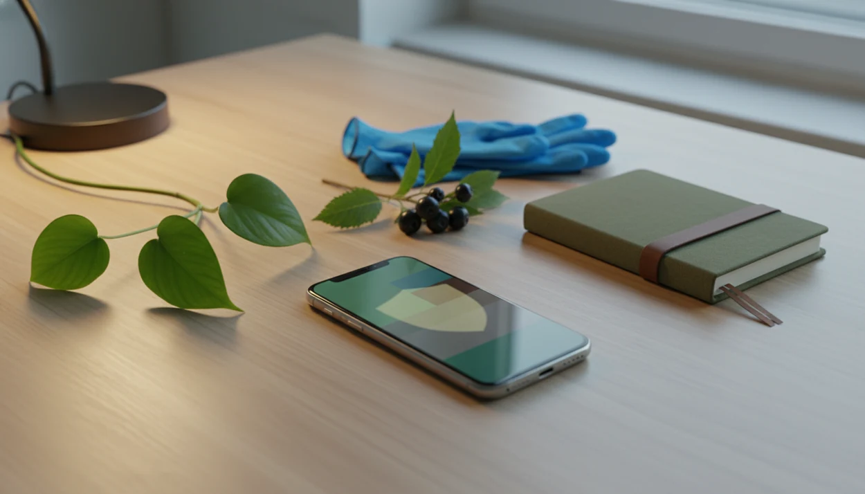 A phone, plant samples, gloves, and notebook arranged as a careful plant app safety workspace.