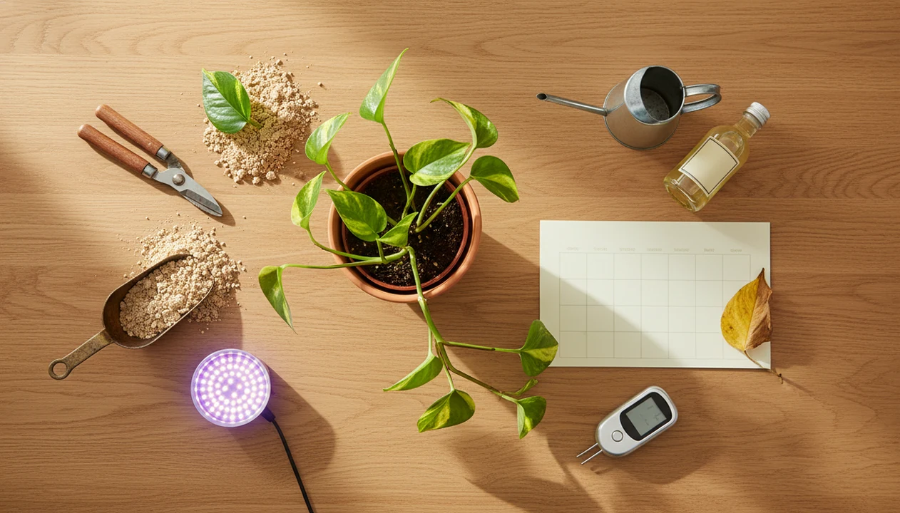 A houseplant surrounded by seasonal care tools arranged like a first-year care timeline.
