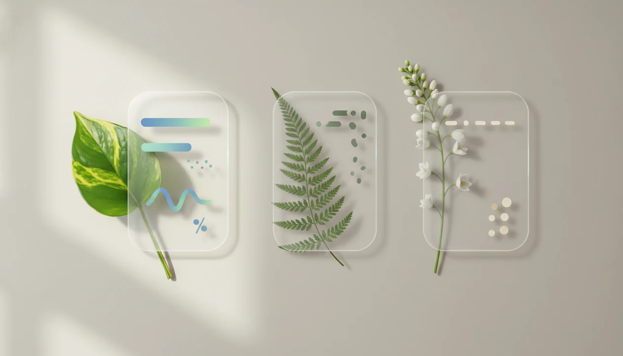 Plant cuttings are shown with abstract result cards suggesting confidence levels and possible matches.