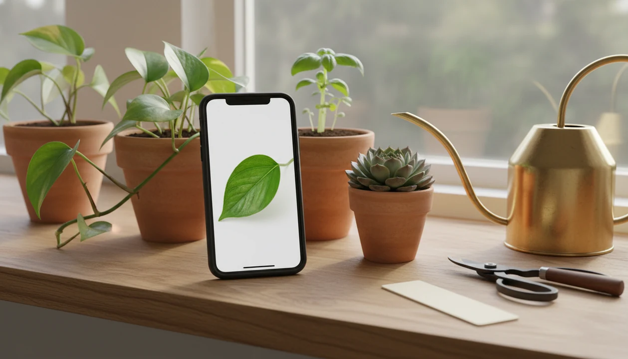An iPhone on a potting bench beside houseplants, suggesting photo plant identification and care planning.