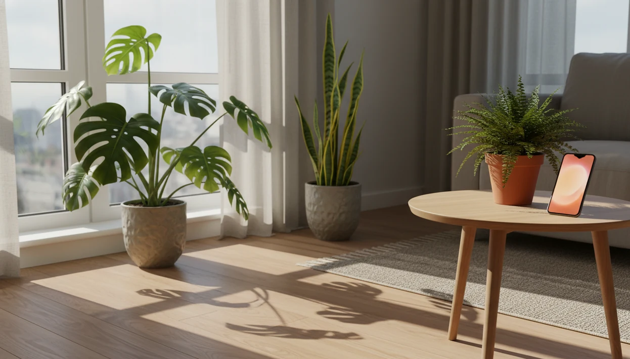 Houseplants placed at different distances from a sunlit window with a phone nearby for light guidance.