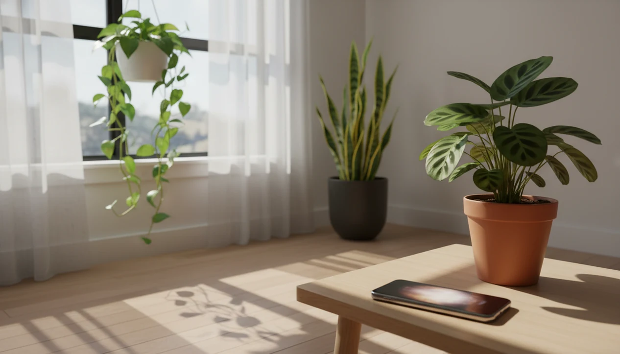 A phone measures light near houseplants placed at different distances from a sunny window.