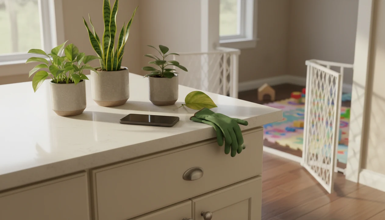 Houseplants kept on a high counter beside a phone, with child safety cues in a softly lit home.