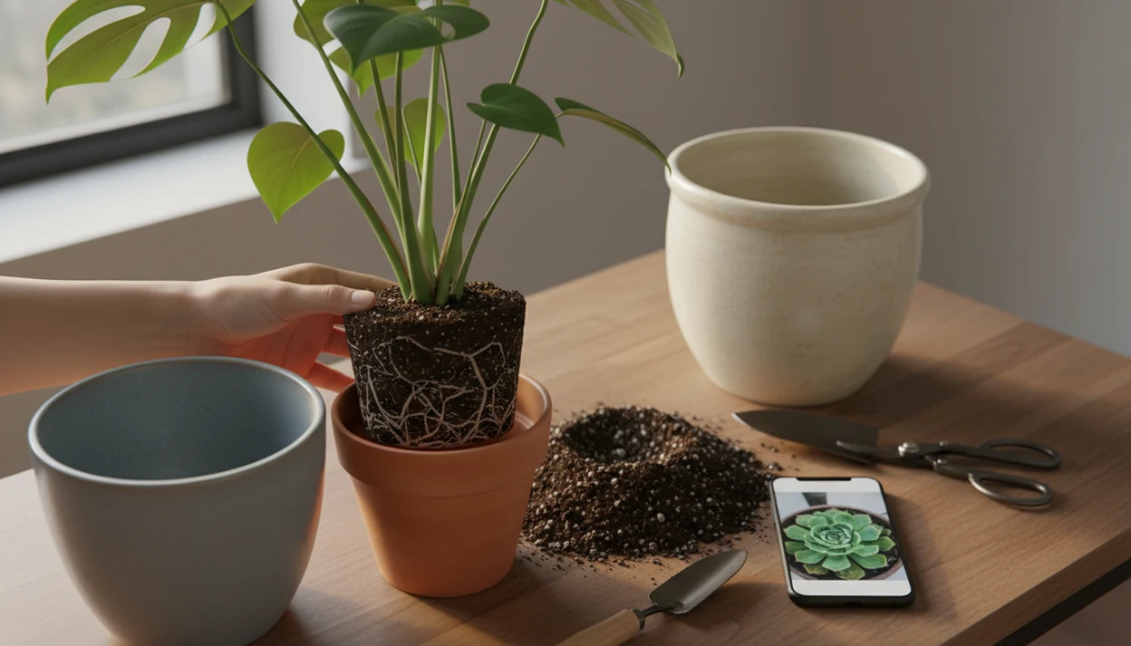 A houseplant with visible roots sits beside pot sizes, soil, tools, and a phone for repotting decisions.