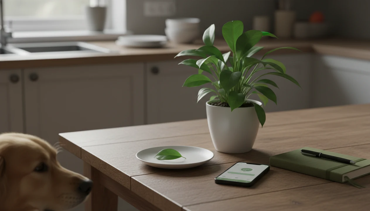 A dog stays back while a plant, fallen leaf, phone, and notebook are arranged for a pet safety check.