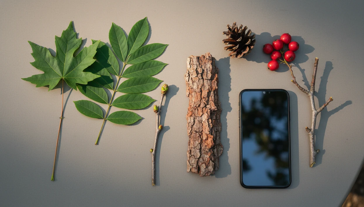 Tree leaves, bark, buds, fruit, and a phone arranged as clues for identifying a tree by photo.